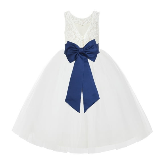 Ekidsbridal Girl Wedding Flower Girl Dress - V-Back Ivory Lace Tulle with Bow Sash 212noFT-A (Size: 2-10)