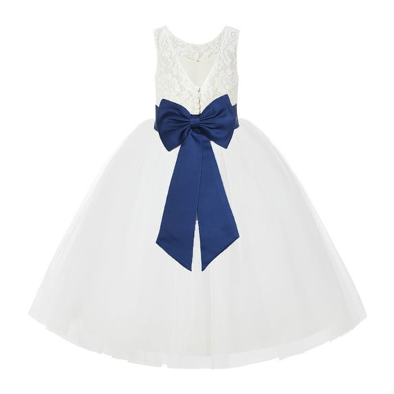 Ekidsbridal Girl Wedding Flower Girl Dress - V-Back Ivory Lace Tulle with Bow Sash 212noFT-A (Size: 2-10)
