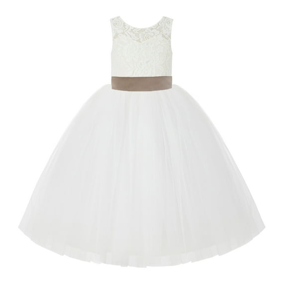 Ekidsbridal Girl Wedding Flower Girl Dress - V-Back Ivory Lace Tulle with Bow Sash 212noFT-A (Size: 2-10)