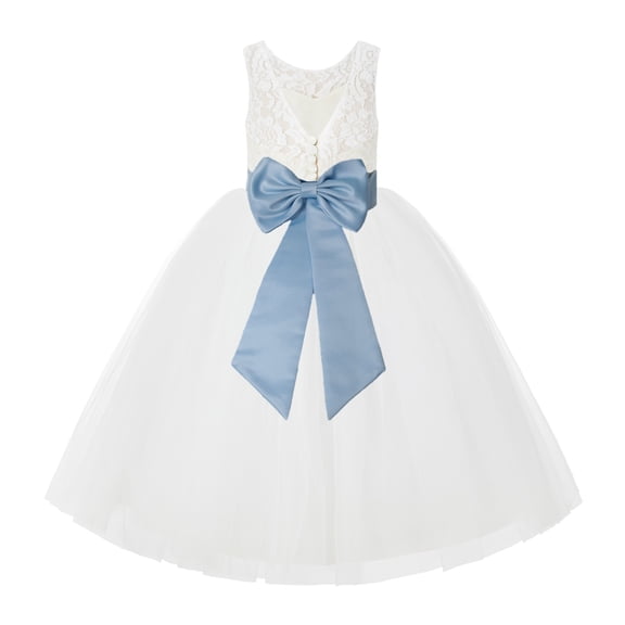 Ekidsbridal Girl Wedding Flower Girl Dress - V-Back Ivory Lace Tulle with Bow Sash 212noFT-A (Size: 2-10)