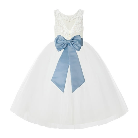Ekidsbridal Girl Wedding Flower Girl Dress - V-Back Ivory Lace Tulle with Bow Sash 212noFT-A (Size: 2-10)