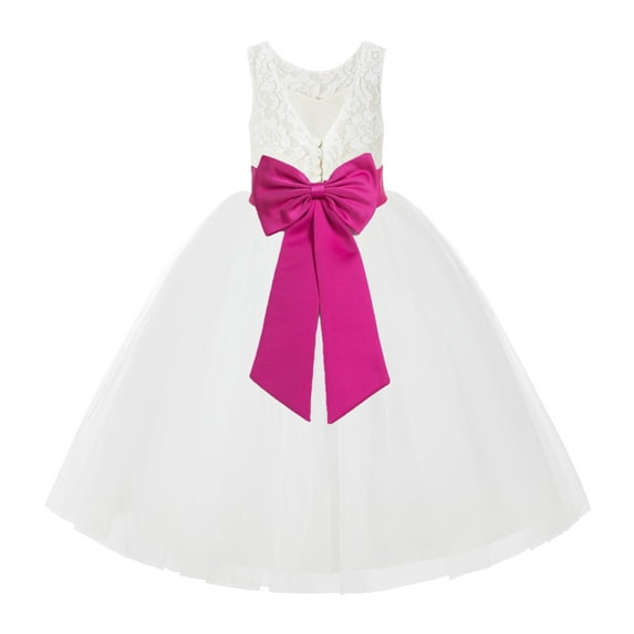 Ekidsbridal Girl Wedding Flower Girl Dress - V-Back Ivory Lace Tulle with Bow Sash 212noFT-A (Size: 2-10)