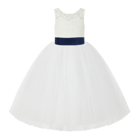 Ekidsbridal Girl Wedding Flower Girl Dress - V-Back Ivory Lace Tulle with Bow Sash 212noFT-A (Size: 2-10)