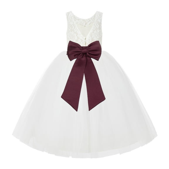 Ekidsbridal Girl Wedding Flower Girl Dress - V-Back Ivory Lace Tulle with Bow Sash 212noFT-A (Size: 2-10)