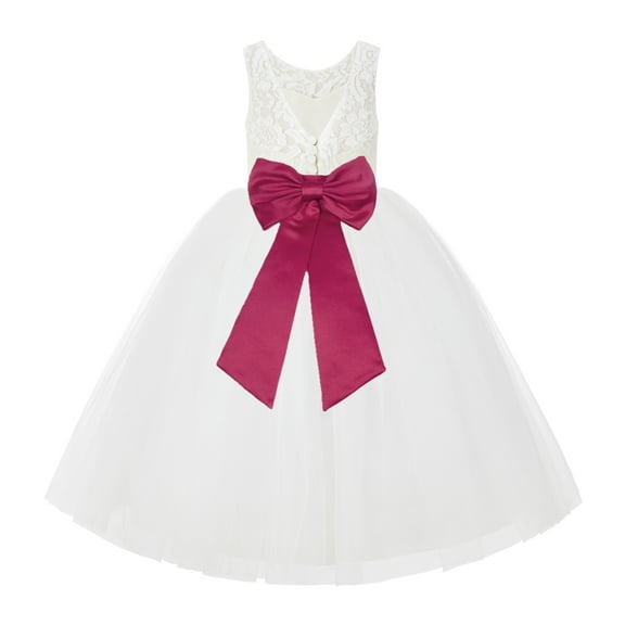 Ekidsbridal Girl Wedding Flower Girl Dress - V-Back Ivory Lace Tulle with Bow Sash 212noFT-A (Size: 2-10)