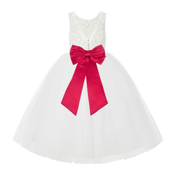 Ekidsbridal Girl Wedding Flower Girl Dress - V-Back Ivory Lace Tulle with Bow Sash 212noFT-A (Size: 2-10)