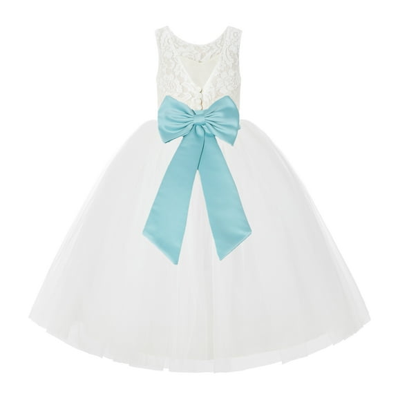 Ekidsbridal Girl Wedding Flower Girl Dress - V-Back Ivory Lace Tulle with Bow Sash 212noFT-A (Size: 2-10)