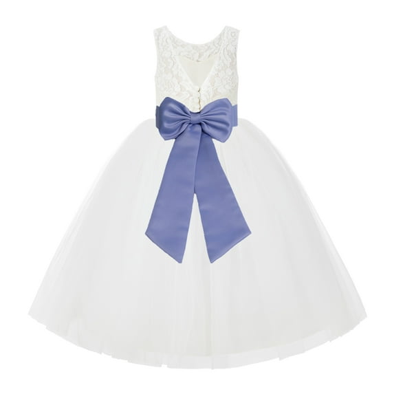 Ekidsbridal Girl Wedding Flower Girl Dress - V-Back Ivory Lace Tulle with Bow Sash 212noFT-A (Size: 2-10)
