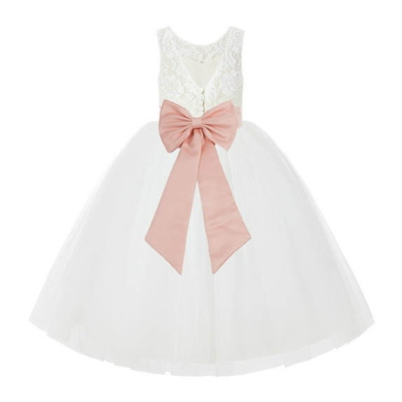 Ekidsbridal Girl Wedding Flower Girl Dress - V-Back Ivory Lace Tulle with Bow Sash 212noFT-A (Size: 2-10)