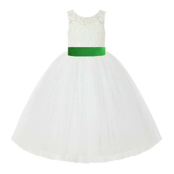Ekidsbridal Girl Wedding Flower Girl Dress - V-Back Ivory Lace Tulle with Bow Sash 212noFT-A (Size: 2-10)