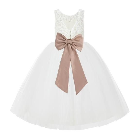 Ekidsbridal Girl Wedding Flower Girl Dress - V-Back Ivory Lace Tulle with Bow Sash 212noFT-A (Size: 2-10)
