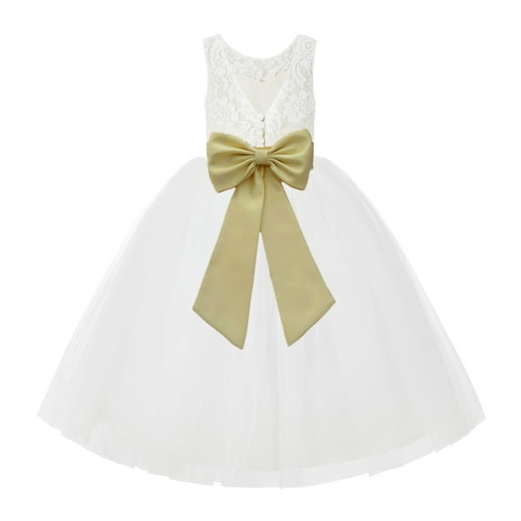 Ekidsbridal Girl Wedding Flower Girl Dress - V-Back Ivory Lace Tulle with Bow Sash 212noFT-A (Size: 2-10)
