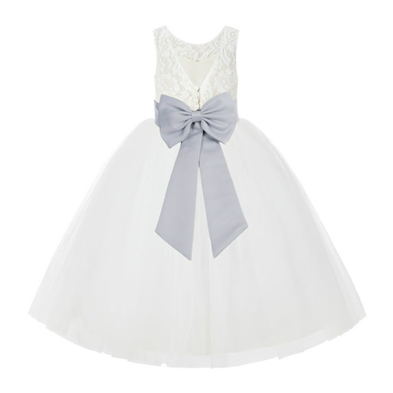 Ekidsbridal Girl Wedding Flower Girl Dress - V-Back Ivory Lace Tulle with Bow Sash 212noFT-A (Size: 2-10)