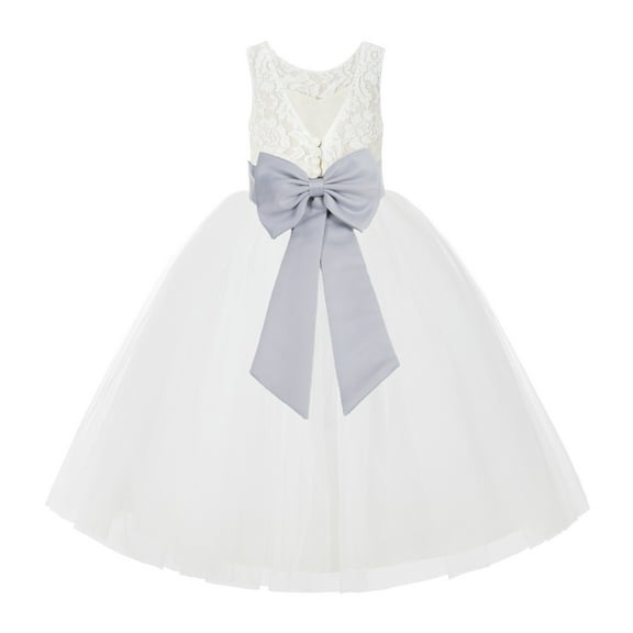 Ekidsbridal Girl Wedding Flower Girl Dress - V-Back Ivory Lace Tulle with Bow Sash 212noFT-A (Size: 2-10)