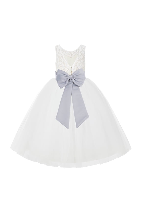 Girl Wedding Flower Girl Dress - V-Back Ivory Lace Tulle with Bow Sash 212noFT-A (Size: 2-10)
