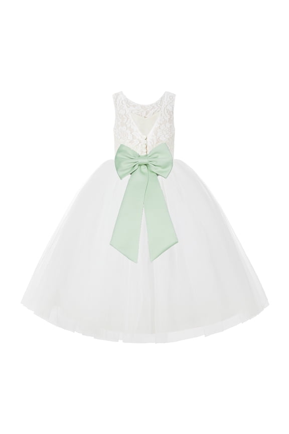 Girl Wedding Flower Girl Dress - V-Back Ivory Lace Tulle with Bow Sash 212noFT-A (Size: 2-10)