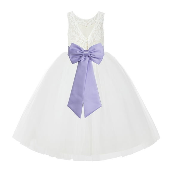 Ekidsbridal Girl Wedding Flower Girl Dress - V-Back Ivory Lace Tulle with Bow Sash 212noFT-A (Size: 2-10)