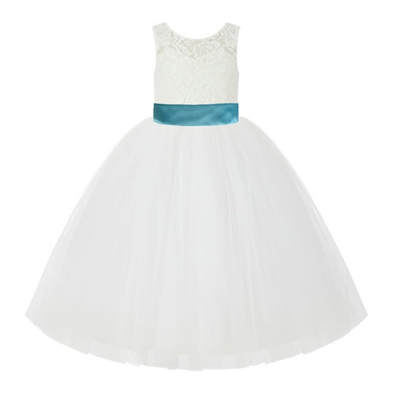 Ekidsbridal Girl Wedding Flower Girl Dress - V-Back Ivory Lace Tulle with Bow Sash 212noFT-A (Size: 2-10)
