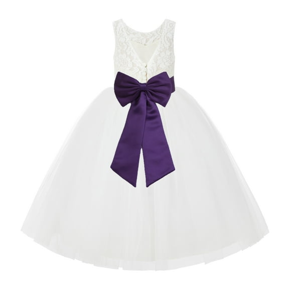 Ekidsbridal Girl Wedding Flower Girl Dress - V-Back Ivory Lace Tulle with Bow Sash 212noFT-A (Size: 2-10)