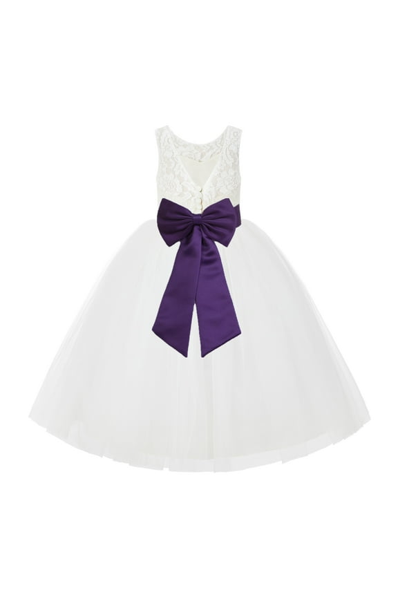 Girl Wedding Flower Girl Dress - V-Back Ivory Lace Tulle with Bow Sash 212noFT-A (Size: 2-10)