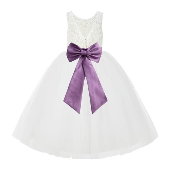 Ekidsbridal Girl Wedding Flower Girl Dress - V-Back Ivory Lace Tulle with Bow Sash 212noFT-A (Size: 2-10)