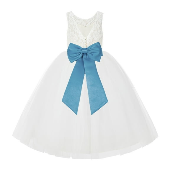Ekidsbridal Girl Wedding Flower Girl Dress - V-Back Ivory Lace Tulle with Bow Sash 212noFT-A (Size: 2-10)