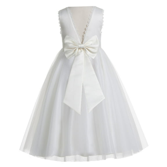Ekidsbridal Girl Wedding Flower Girl Dress - V-Back Ivory Tulle with Tiebow