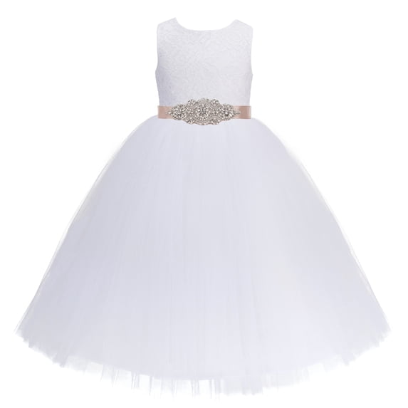 Ekidsbridal Girl Wedding Flower Girl Dress - White Heart Cutout Floral Lace with Rhinestone Sash 172R3-A (Size: 2-14)
