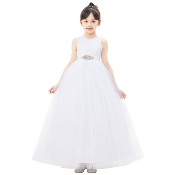 Ekidsbridal Girl Wedding Flower Girl Dress - White Heart Cutout Floral Lace with Rhinestone Sash 172R3-A (Size: 2-14)