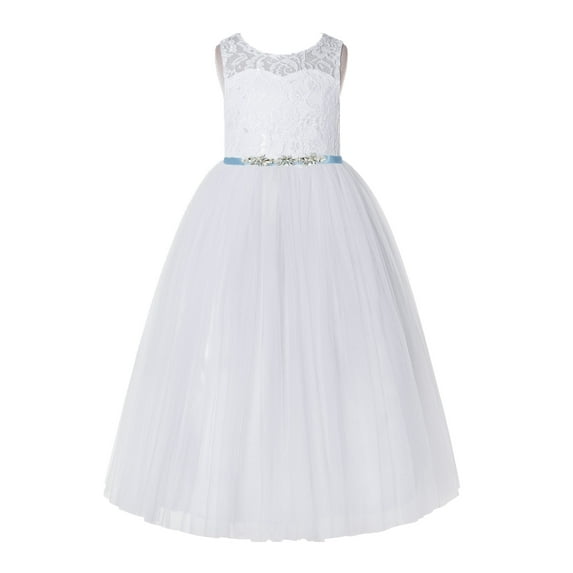 Ekidsbridal Girl Wedding Flower Girl Dress - White Illusion Lace Scoop Neck A-Line with Rhinestone Sash 178R4-A (Size: 2-12)