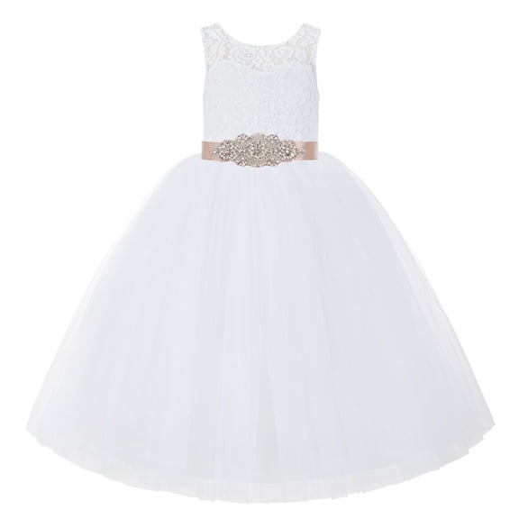 Ekidsbridal Girl Wedding Flower Girl Dress - White Illusion Lace Tulle Tutu with Rhinestone Beaded Sash 212R3-A (Size: 2-10)