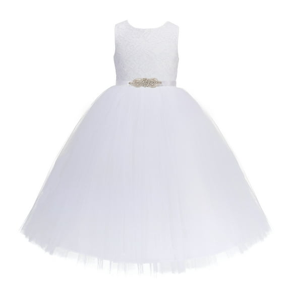 Ekidsbridal Girl Wedding Flower Girl Dress - White Long Length Floral Lace Heart Shaped Cutout 172R1-A (Size: 2-14)