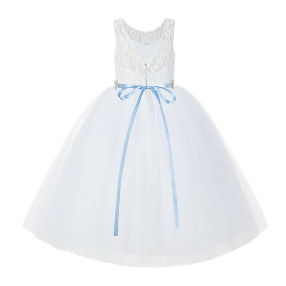 Ekidsbridal Girl Wedding Flower Girl Dress - White V-Back Lace Tulle Tutu with Rhinestone Sash 212R2-A (Size: 2-10)