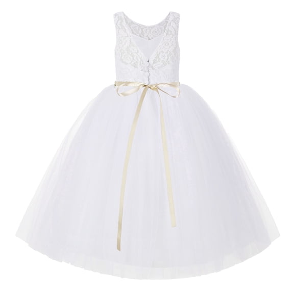 Ekidsbridal Girl Wedding Flower Girl Dress - White V-Back Lace Tulle Tutu with Rhinestone Sash 212R2-A (Size: 2-10)