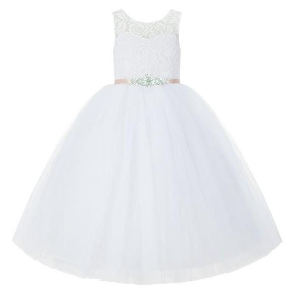 Ekidsbridal Girl Wedding Flower Girl Dress - White V-back Illusion Lace with Rhinestone Ribbon 212R5thin-A (Size: 2-10)