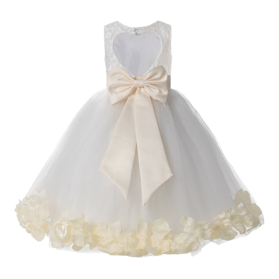 Ekidsbridal Ivory Floral Lace Heart Cutout Flower Girl Dress with Petals Wedding Pageant Christening Gown for Toddlers 185T 7