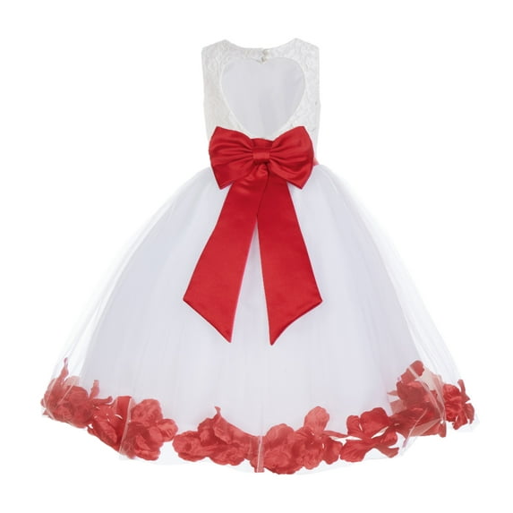 Ekidsbridal Girl Ballroom Flower Girl Dress - Lace Heart Cutout White Tulle with Petals 185T-A (Size: M-12)