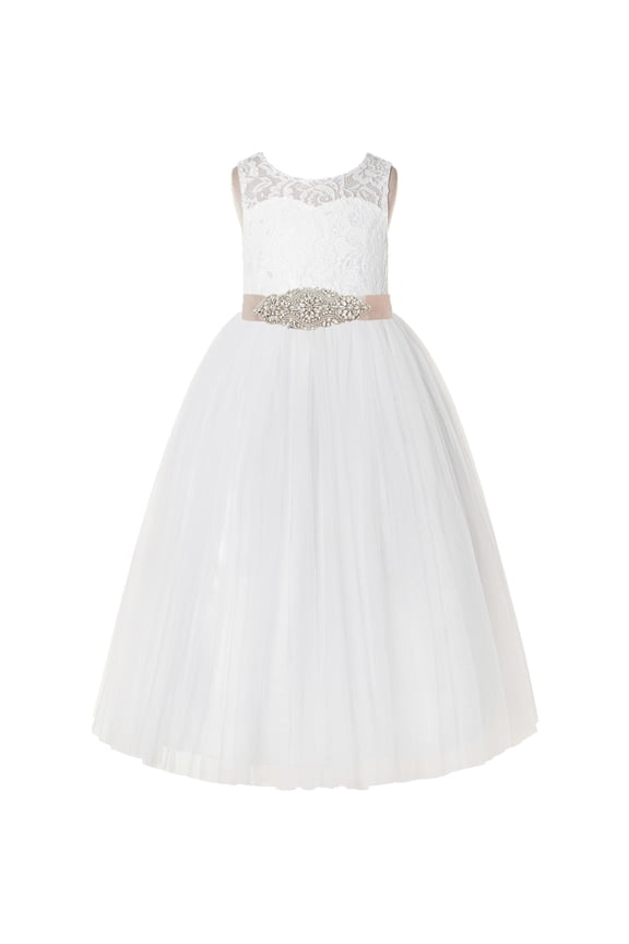 Ivory Floral Lace Neck A-Line Keyhole Back Flower Girl Dress Pretty Princess 178R3 4