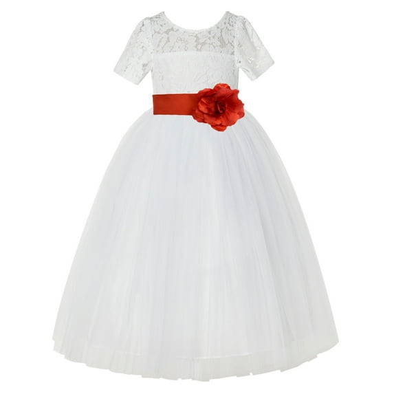 Ekidsbridal Ivory Floral Lace Vintage Flower Girl Dresses with Colored Sash Pretty Princess Formal Photoshoot Ceremonial Gown LG2T 4