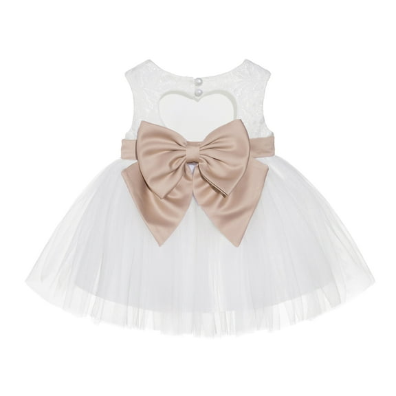 Ekidsbridal Ivory Lace Heart Cutout Junior Flower Girl Dress Communion Baptism Gown for Social Events Birthday Party BB1 XS