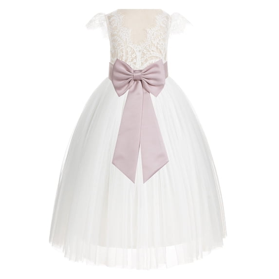 Ekidsbridal Ivory Lace V-Back Cap Sleeves Flower Girl Dress Junior Bridesmaid Gown for Wedding Tulle 622T 10