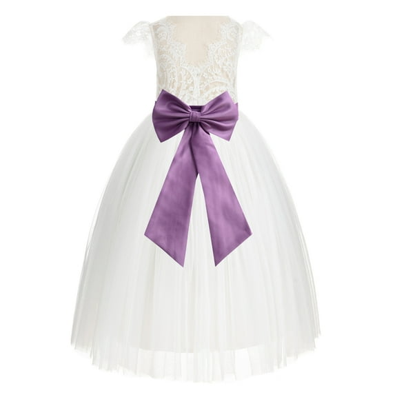 Ekidsbridal Ivory Lace V-Back Cap Sleeves Flower Girl Dress Junior Bridesmaid Gown for Wedding Tulle 622T 8