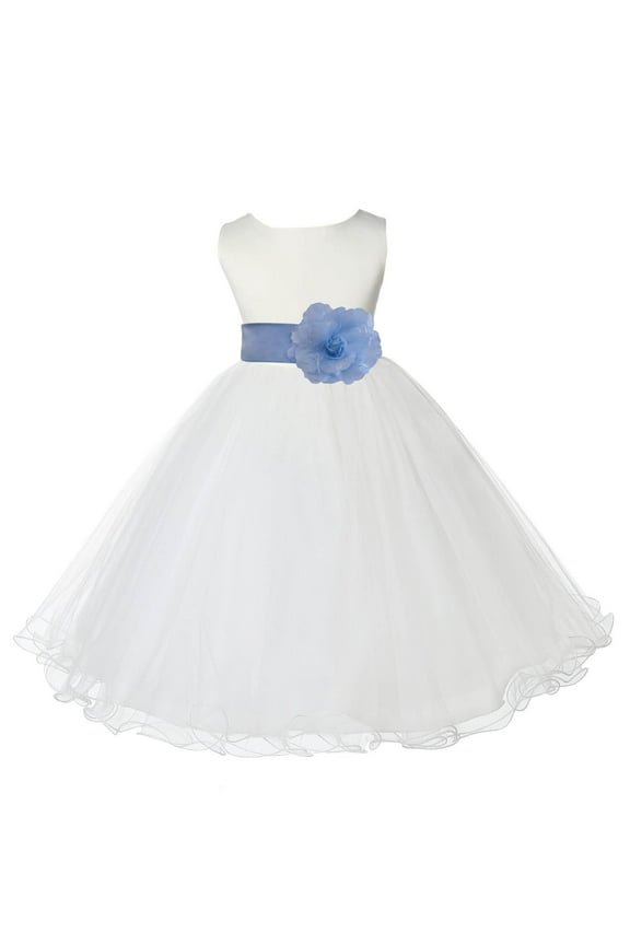 Satin Ivory Sky Blue Tulle Rattail Edge Flower Girl Dresses for Communion Baptism Christening Gown Wedding Pageant 829S 6
