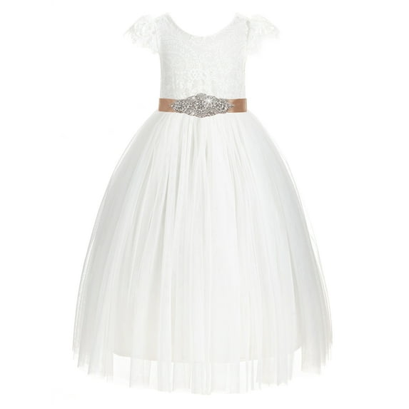 Ekidsbridal Ivory V-Back Lace Cap Sleeves Flower Girl Dress Junior Beauty Pageant Gown for Toddlers Communion Ceremony 622R3 6