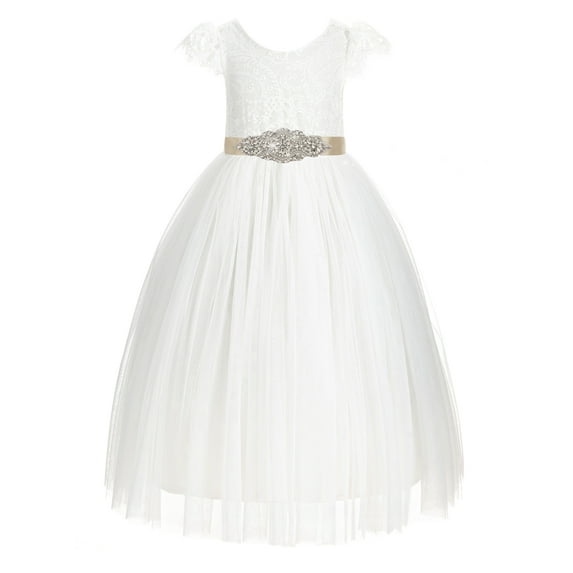 Ekidsbridal Ivory V-Back Lace Cap Sleeves Flower Girl Dress Wedding Tulle Baptism Ceremonial Gown for Toddlers 622R3 8