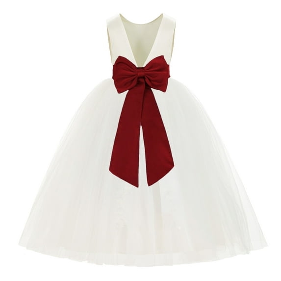 Ekidsbridal Ivory V-Back Satin Flower Girl Dresses with Pretty Colored Sash for Toddlers Formal Photoshoot Birthday Party Gown 219T 2
