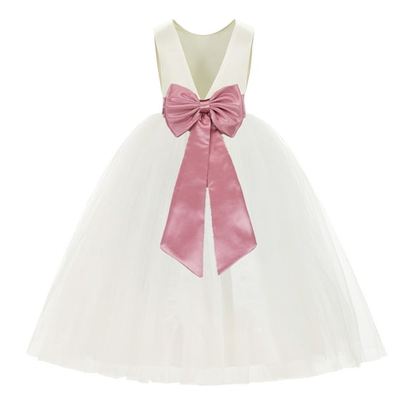Ekidsbridal Ivory V-Back Satin Flower Girl Dresses with Pretty Colored Sash for Toddlers Formal Photoshoot Birthday Party Gown 219T 6