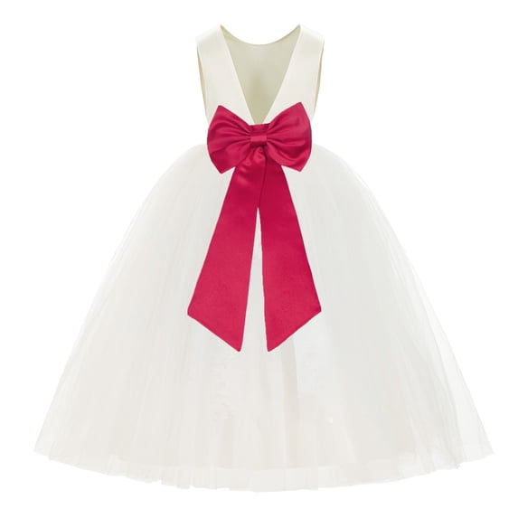 Ekidsbridal Ivory V-Back Satin Flower Girl Dresses with Pretty Colored Sash for Toddlers Formal Photoshoot Birthday Party Gown 219T 2