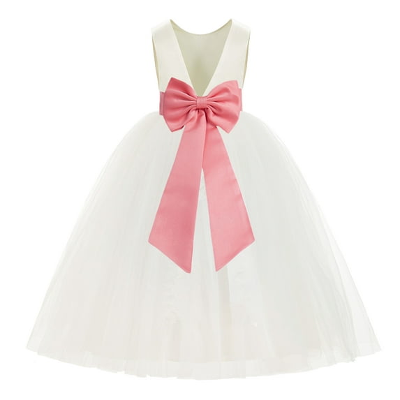 Ekidsbridal Ivory V-Back Satin Flower Girl Dresses with Pretty Colored Sash for Toddlers Formal Photoshoot Birthday Party Gown 219T 2
