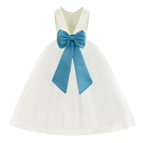 Ekidsbridal Ivory V-Back Satin Flower Girl Dresses with Pretty Colored Sash for Toddlers Formal Photoshoot Birthday Party Gown 219T 2